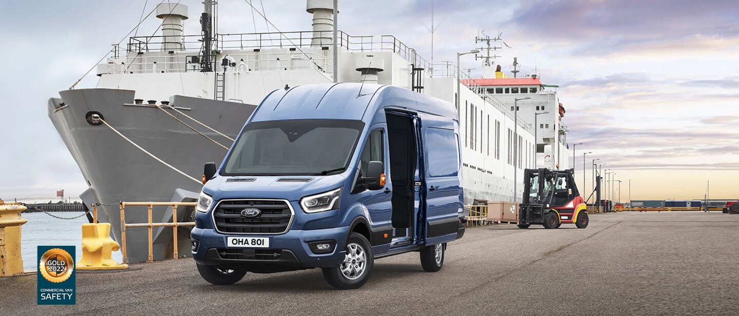 New Blue Ford Transit Van parked outside ship