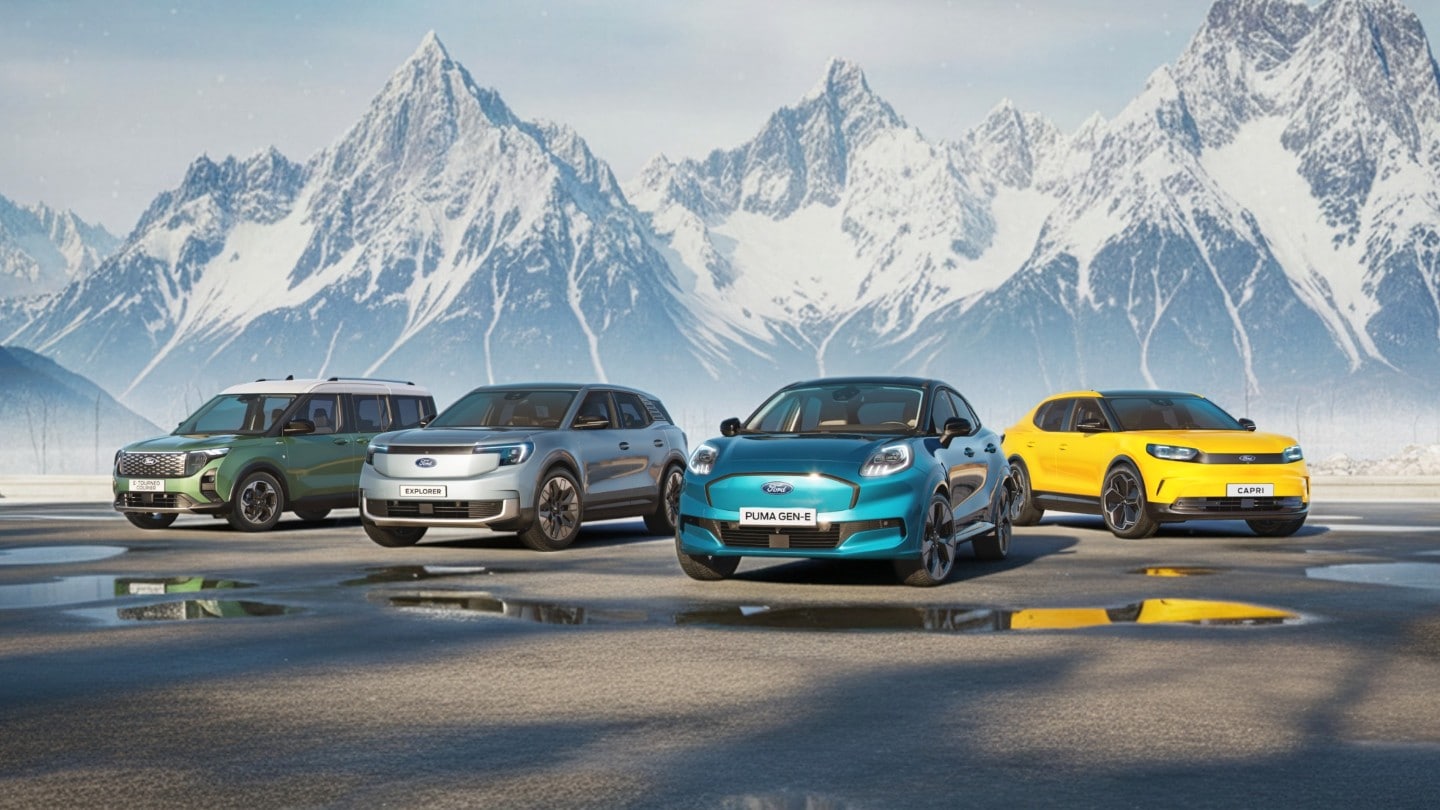 Ford Capri, Explorer, E-Tourneo Courier y Puma Gen-E en un escenario de montaña. 