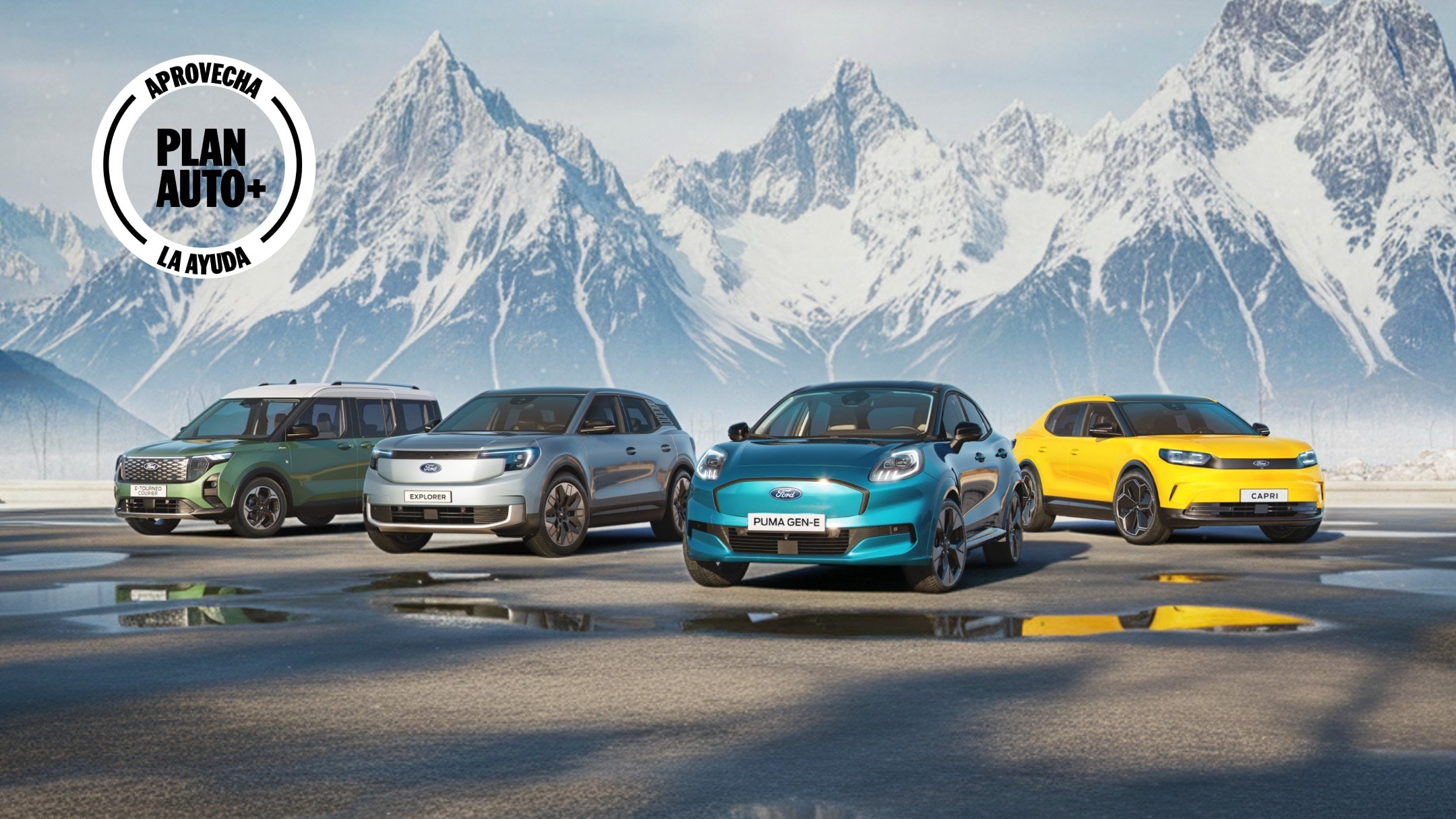 Ford Capri, Explorer, E-Tourneo Courier y Puma Gen-E en un escenario de montaña. 