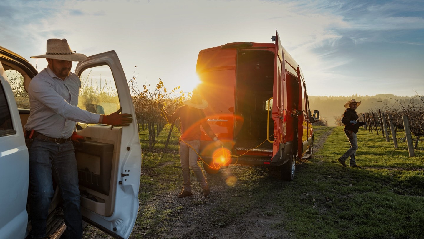 Ford Transit y trabajadores en un viñedo