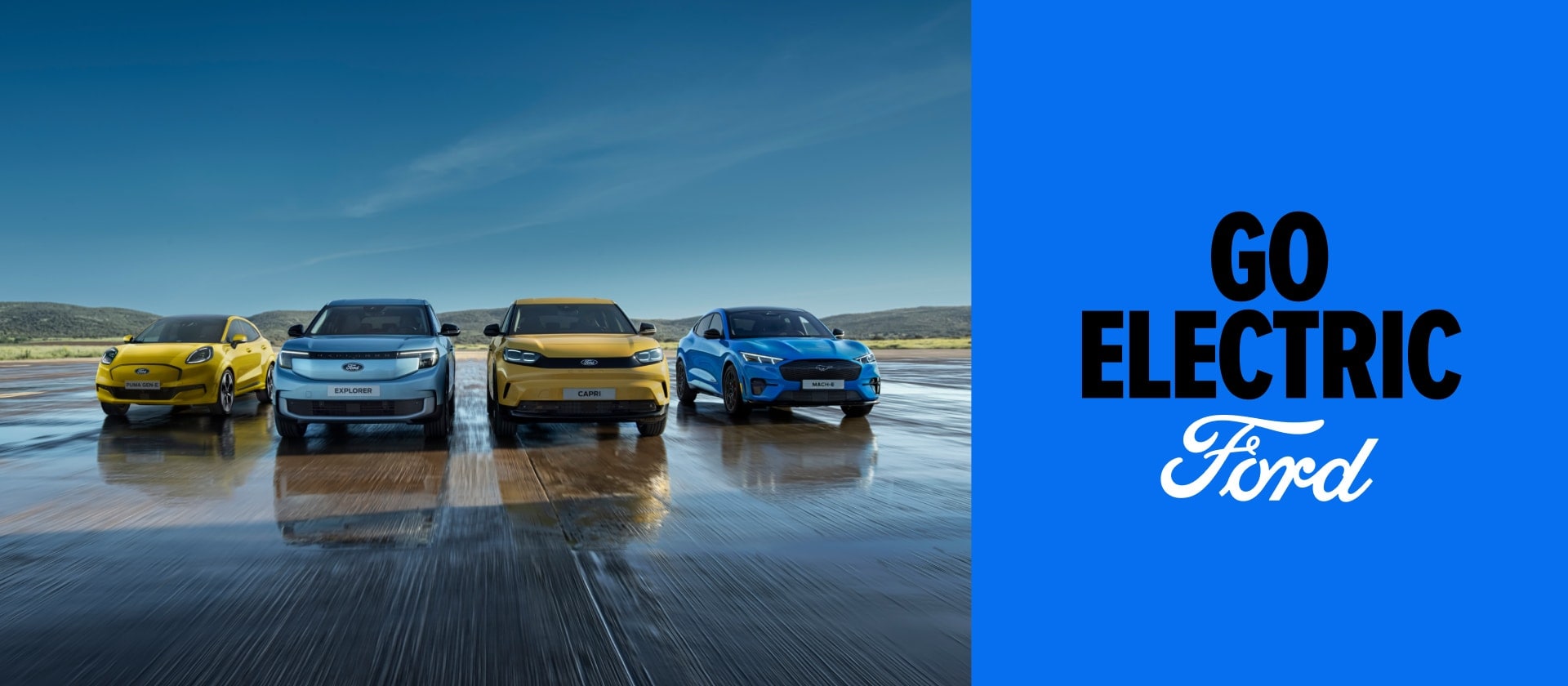 Ford Puma Gen-E,  Ford Explorer, Ford Capri y  Ford Mustang Mach-E en línea junto a un gráfico de Go Electric sobre un fondo azul.