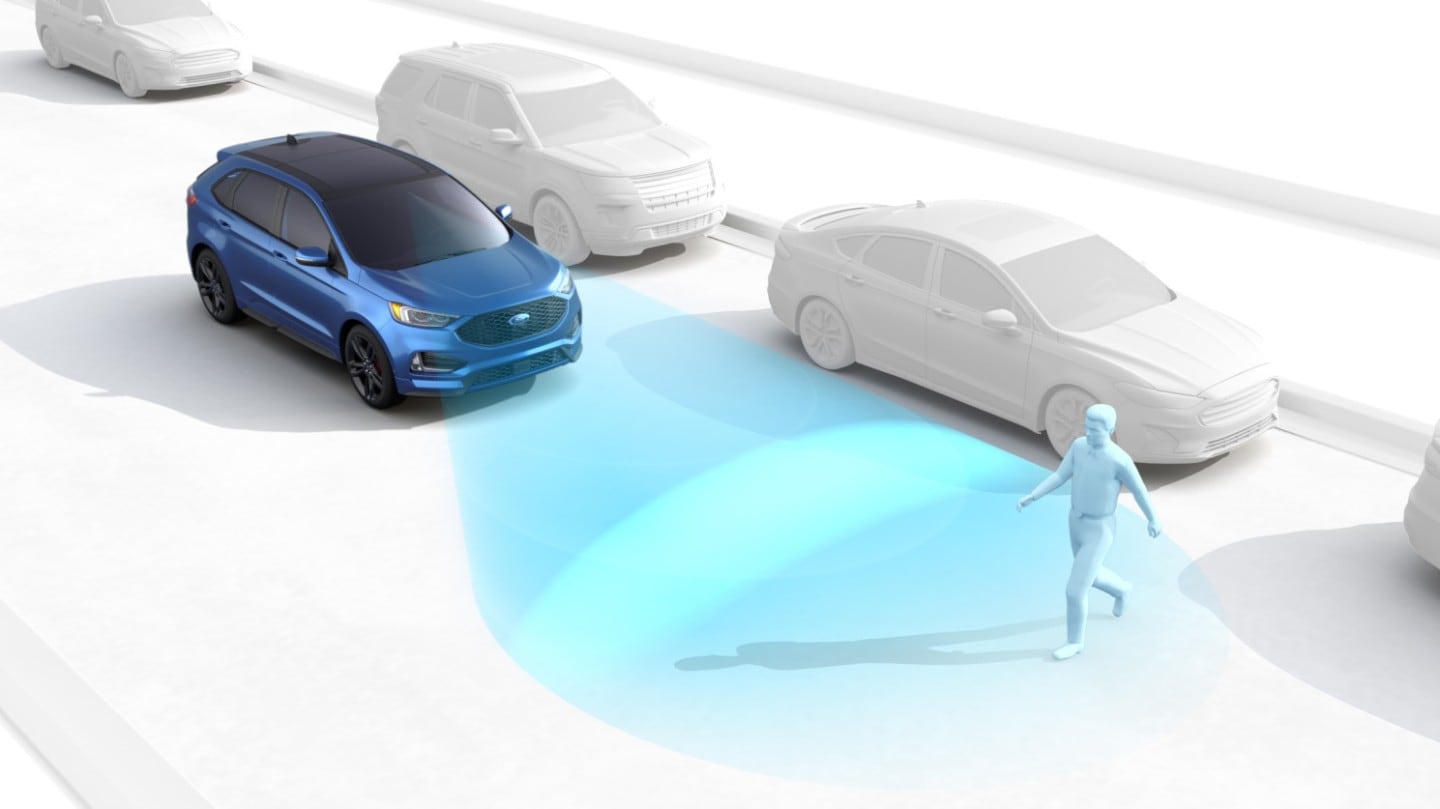 Gráfico de la función asistente de precolisión, que muestra un coche azul que detecta a un peatón a través de la cámara.