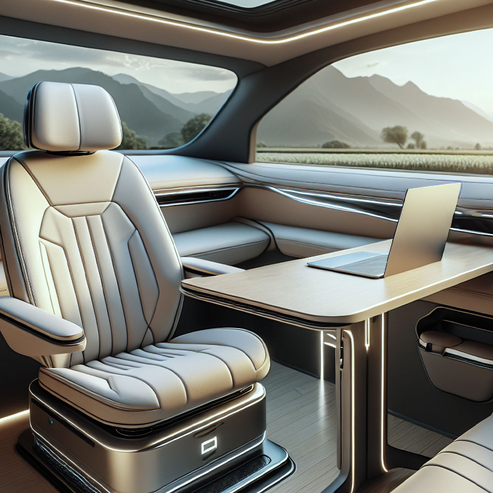 Interior del coche con asiento y escritorio giratorios
