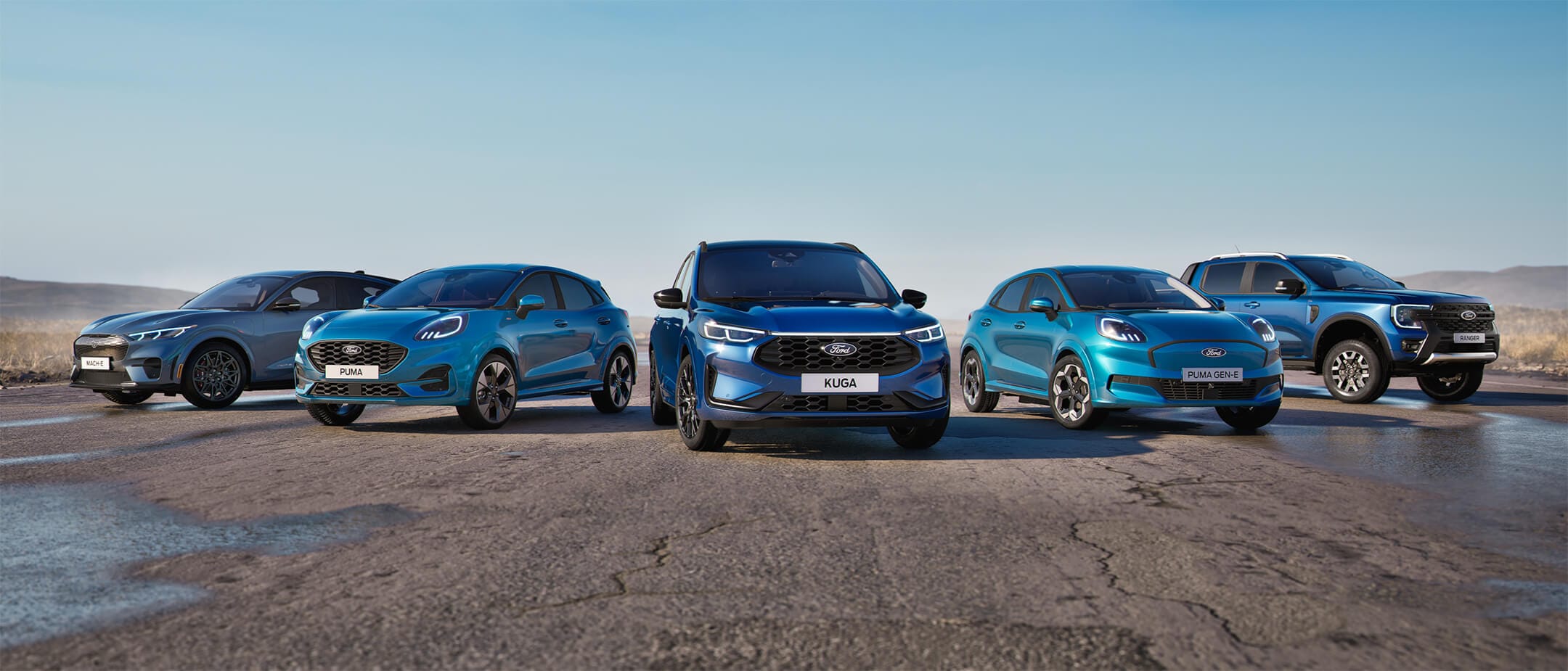 Gama de vehículos equipados con el sistema de conducción manos libres Ford BlueCruise, entre los que se incluyen Mustang Mach-E, Puma, Kuga, Puma Gen-E y Ranger.