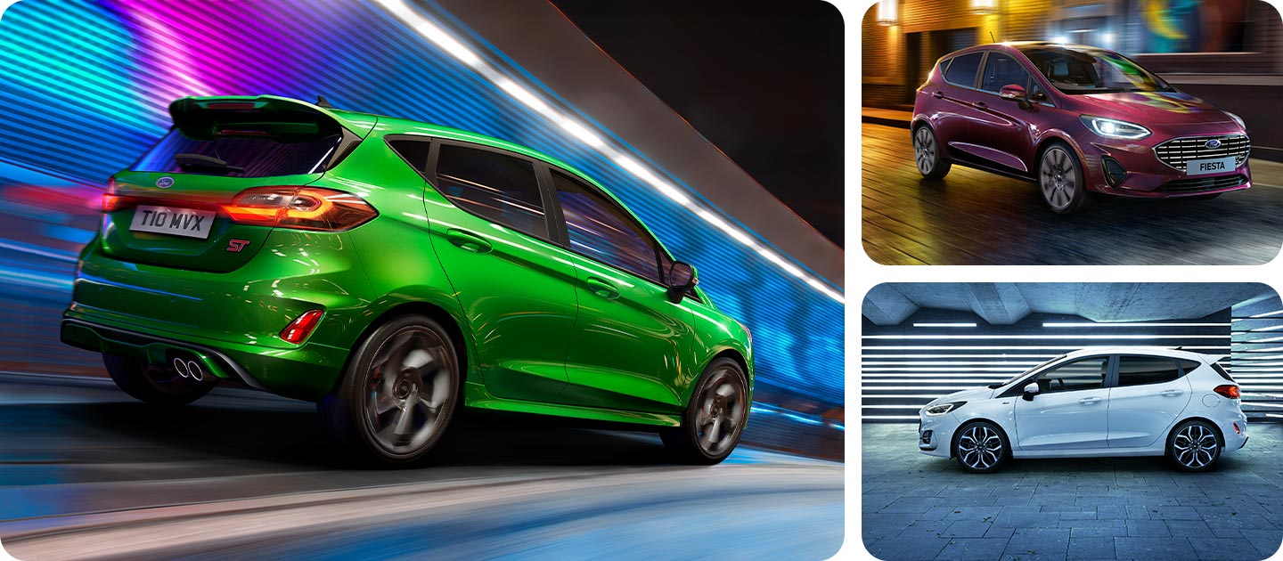 Cuadrícula de fotos que muestra un Ford Fiesta ST-Line verde, un Fiesta Active plateado y un Fiesta Titanium rojo.