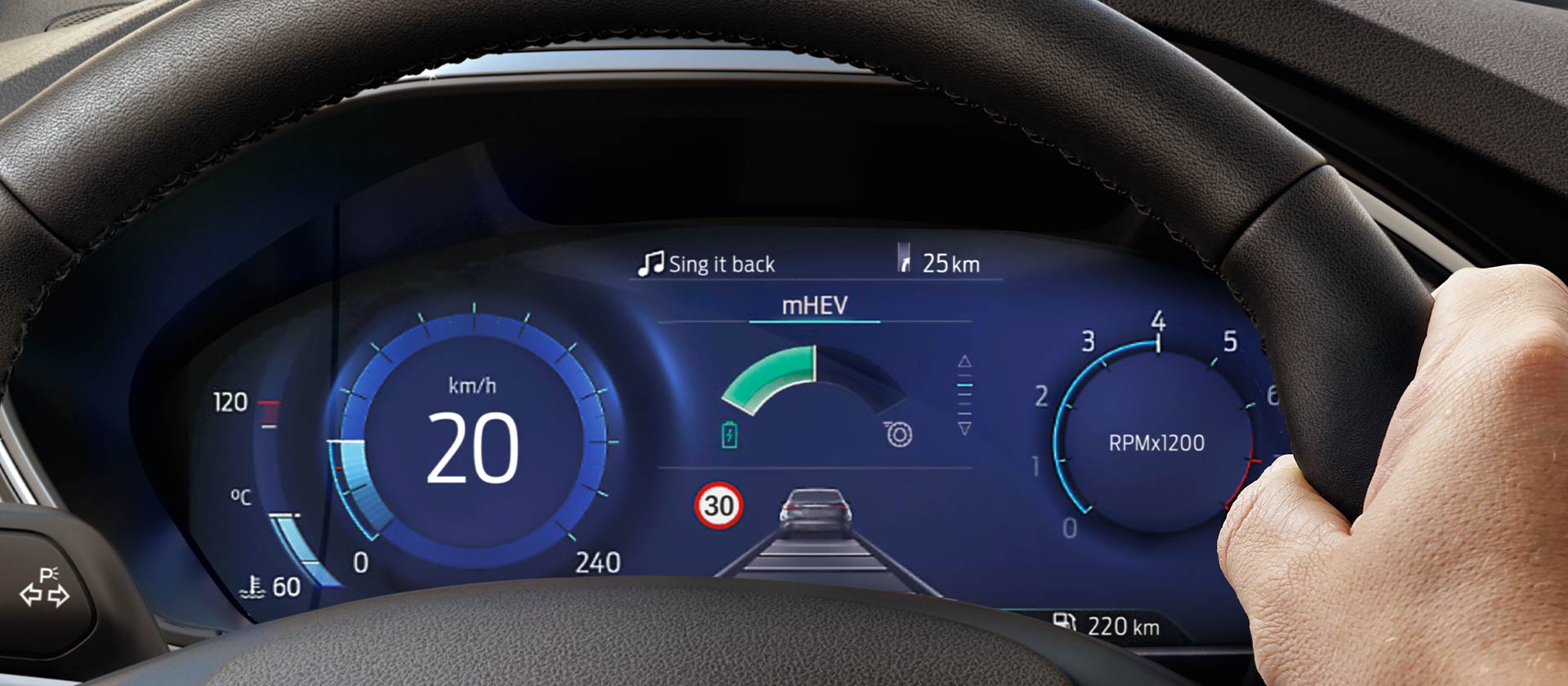 Un primer plano del cuadro de instrumentos digital de 12,3" del Ford Focus que muestra los diales de información.
