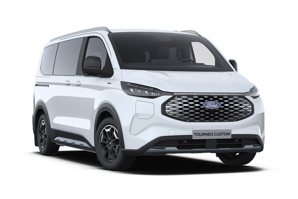 Ángulo delantero izquierdo de un Ford E-Tourneo Custom Active blanco.