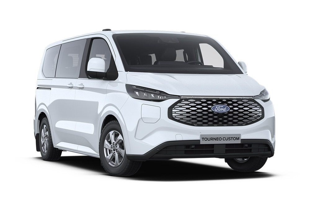 Ángulo delantero izquierdo de un Ford E-Tourneo Custom Trend blanco.