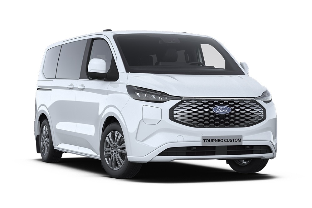 Ángulo delantero izquierdo de un Ford E-Tourneo Custom Titanium blanco.
