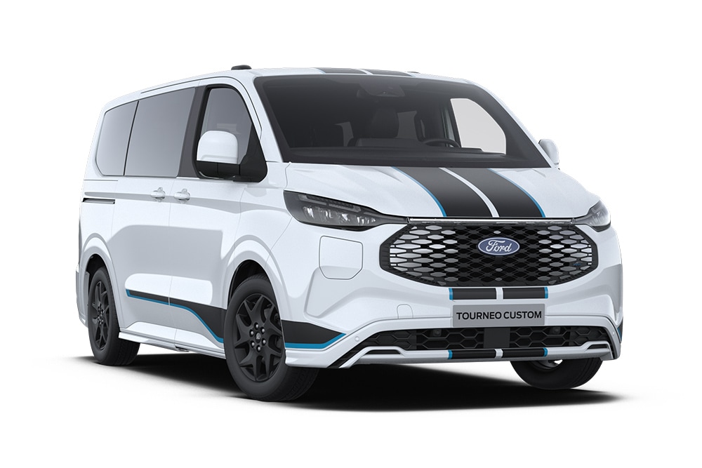 Ángulo delantero izquierdo de un Ford Tourneo Custom Sport blanco.