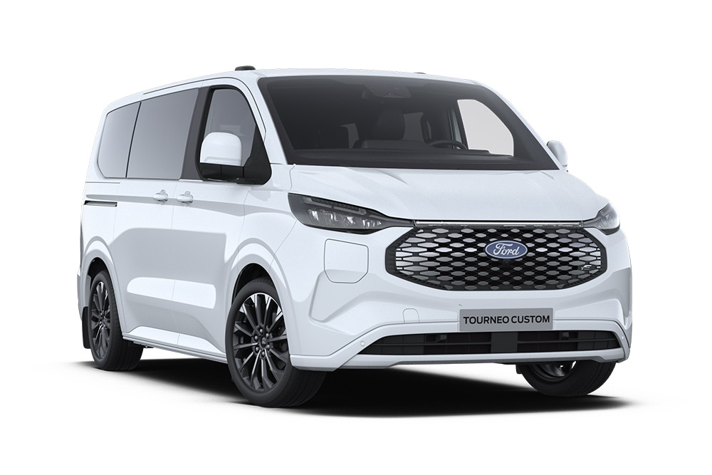 Ángulo delantero izquierdo de un Ford E-Tourneo Custom Titanium X blanco.