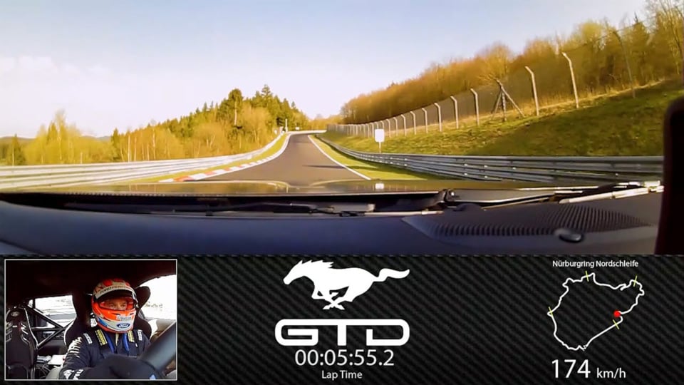 Cockpit view of the Ford Mustang GTD on the Nürburgring Nordschleife with performance data.