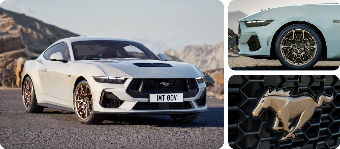 Tres fotos en una cuadrícula que muestran un Ford Mustang GT Coupe blanco con Bronze Pack en una carretera de montaña