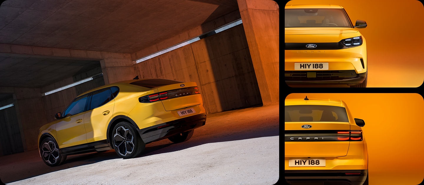 Cuadrícula fotográfica con el diseño del nuevo Ford Capri®. Primeros planos que muestran la insignia de Ford en la parte delantera y trasera, además de las letras CAPRI.