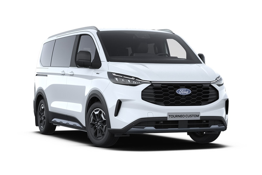 Ángulo de la parte delantera izquierda de un Ford Tourneo Custom Active blanco.