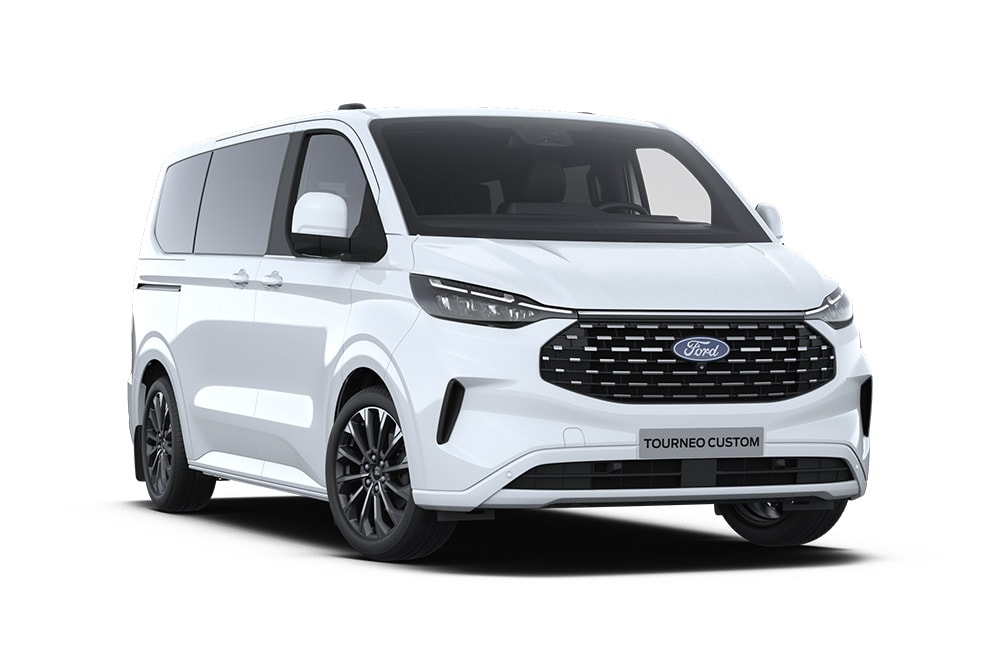 Ángulo de la parte delantera izquierda de un Ford Tourneo Custom Titanium X blanco.