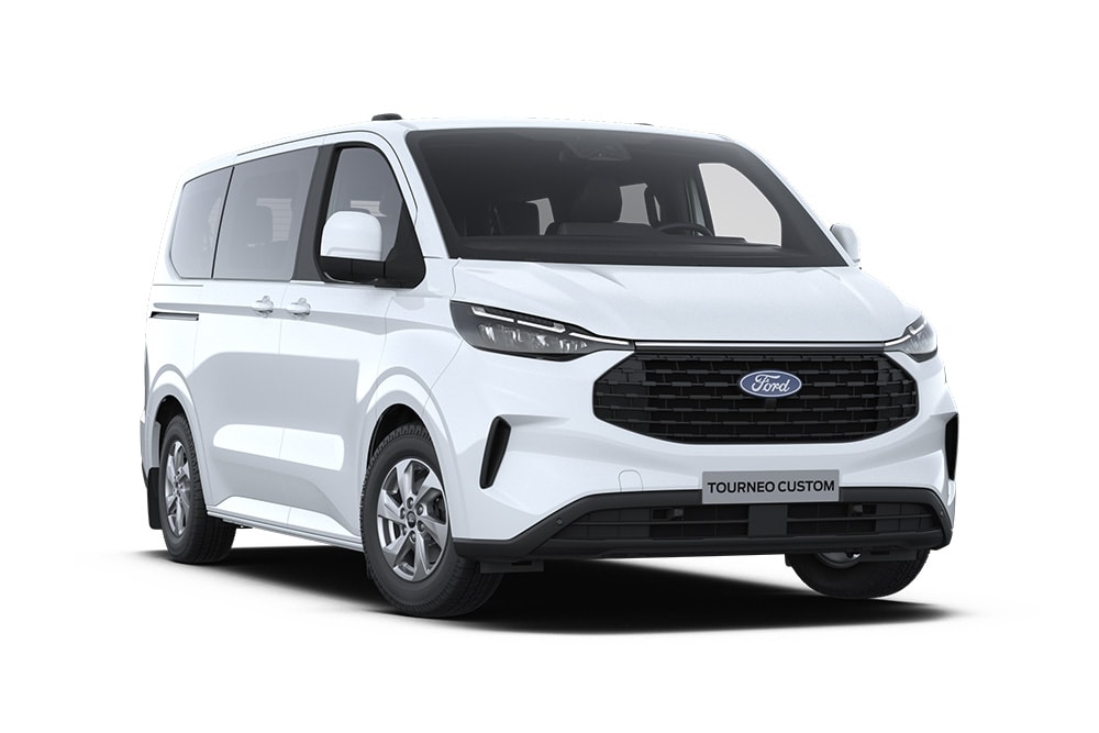 Ángulo de la parte delantera izquierda de un Ford Tourneo Custom Trend blanco.