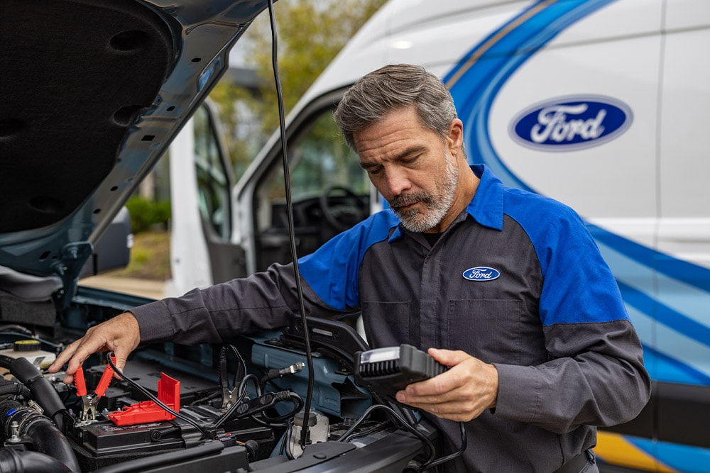 Técnico de servicio de Ford revisando un kit de embrague