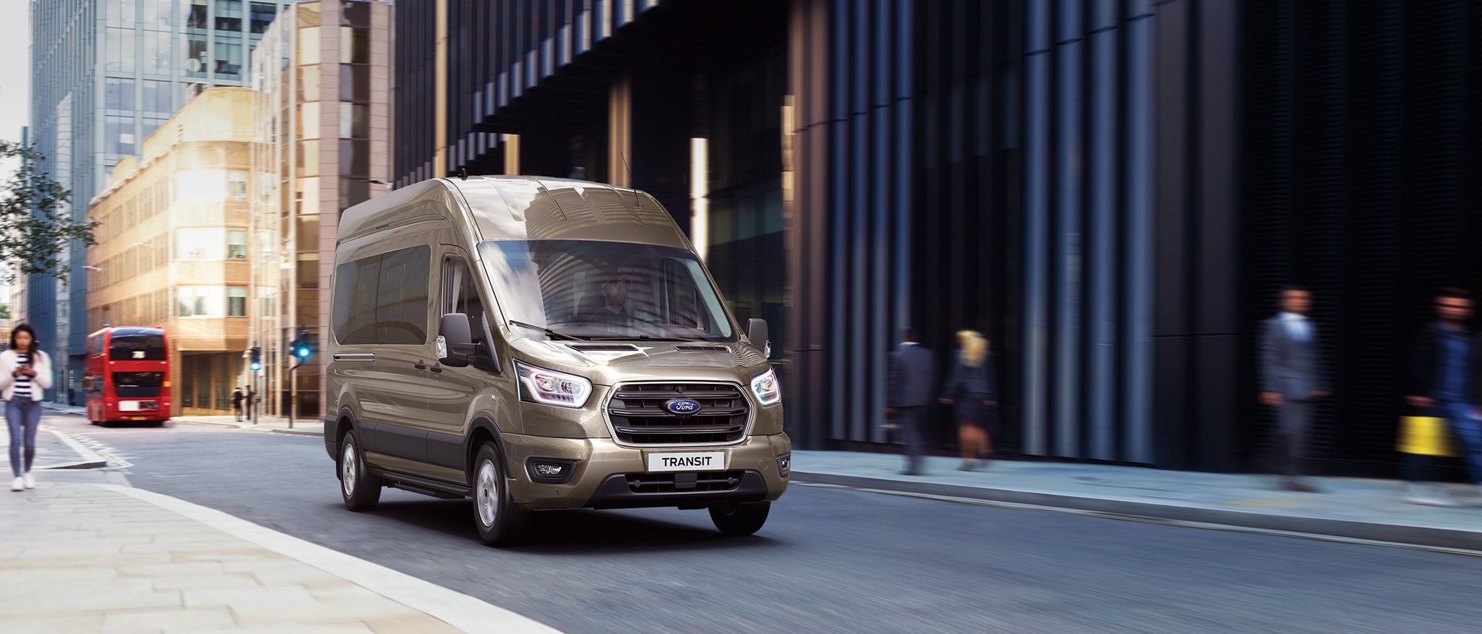 Ford Transit Minibus driving in London front view