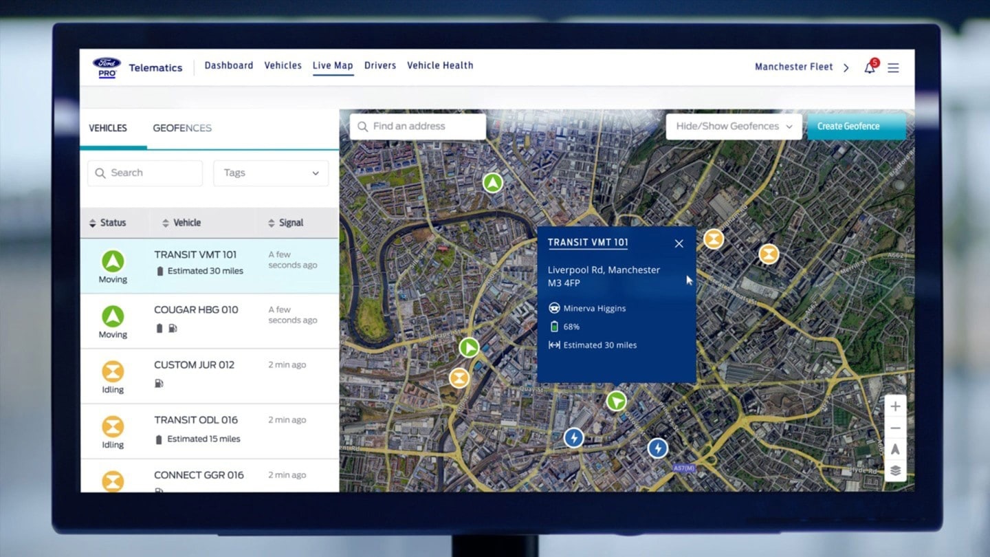 Mapa en directo de Ford Pro Telematics