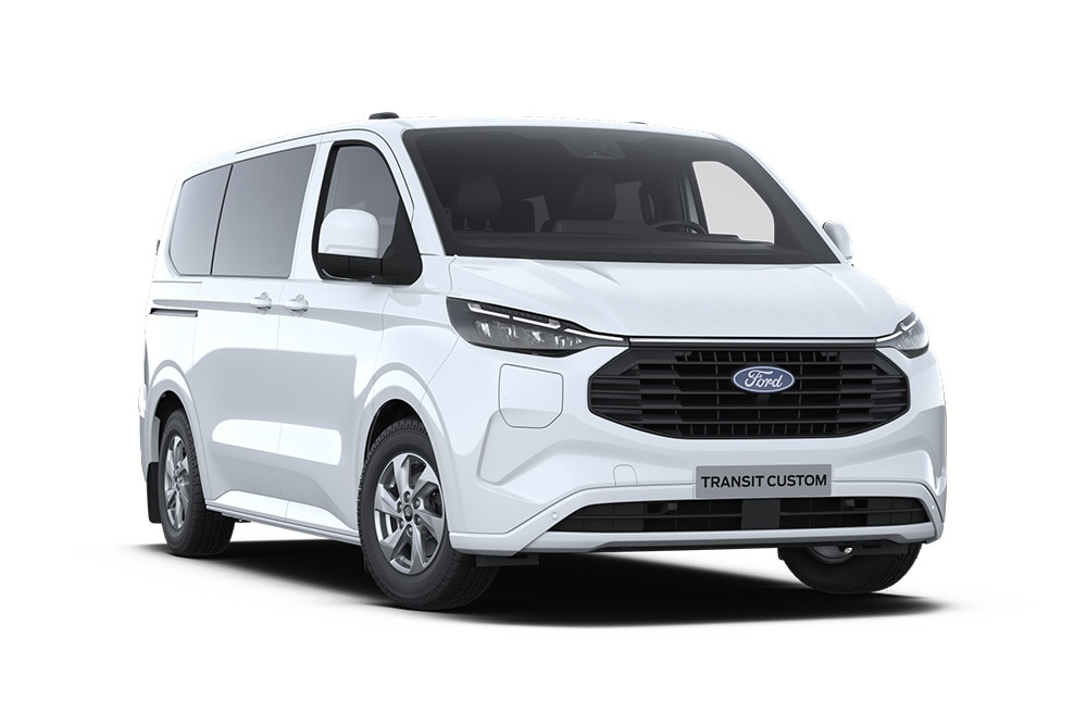 Vista delantera en ángulo de una furgoneta eléctrica Ford E-Transit Custom Kombi blanca.