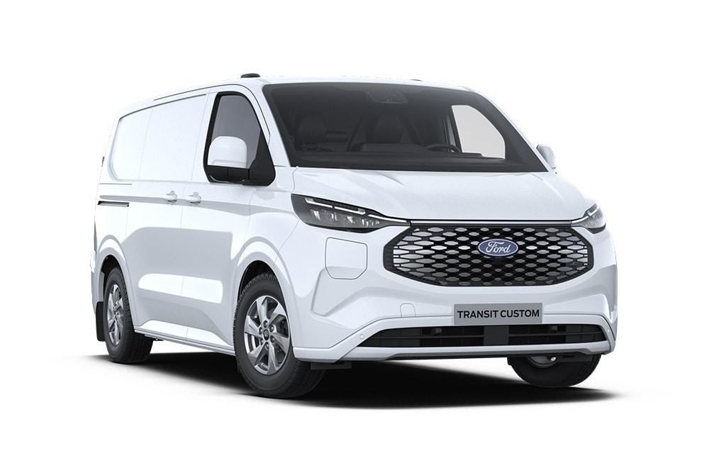 Vista delantera de una furgoneta eléctrica Ford E-Transit Custom blanca.