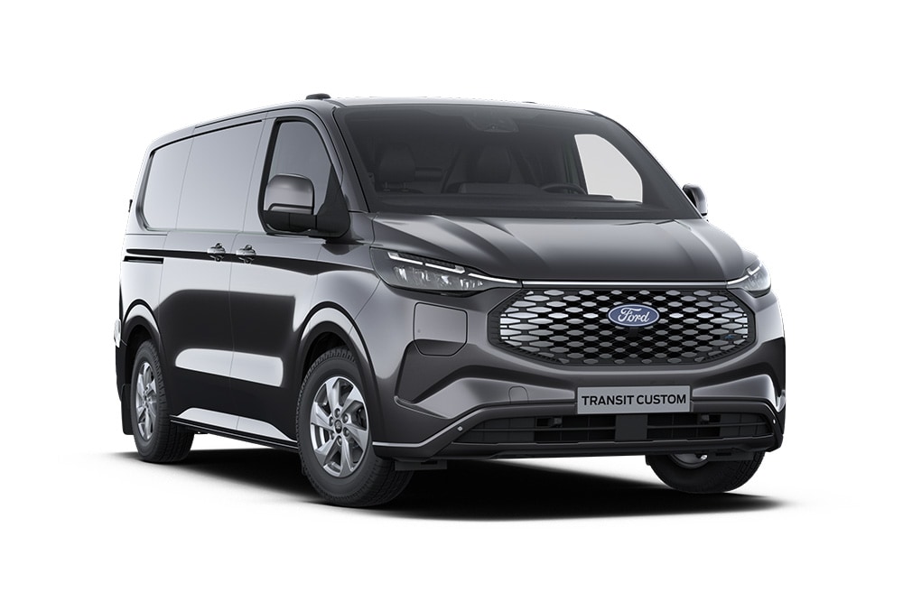 Vista delantera de una furgoneta Ford E-Transit Custom Limited gris oscuro.