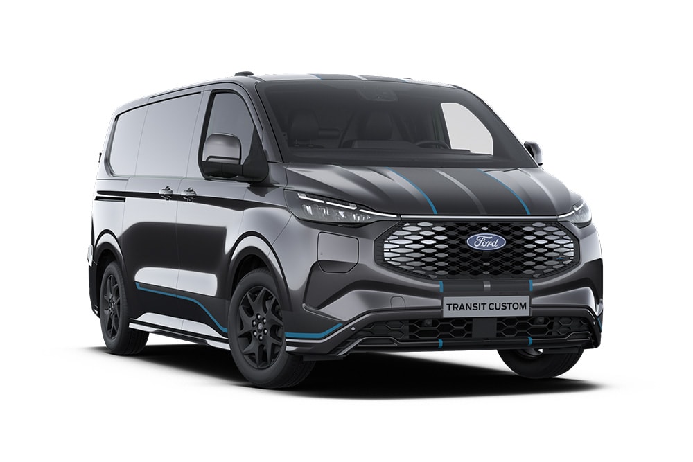 Vista delantera de una furgoneta Ford E-Transit Custom Sport gris oscuro.