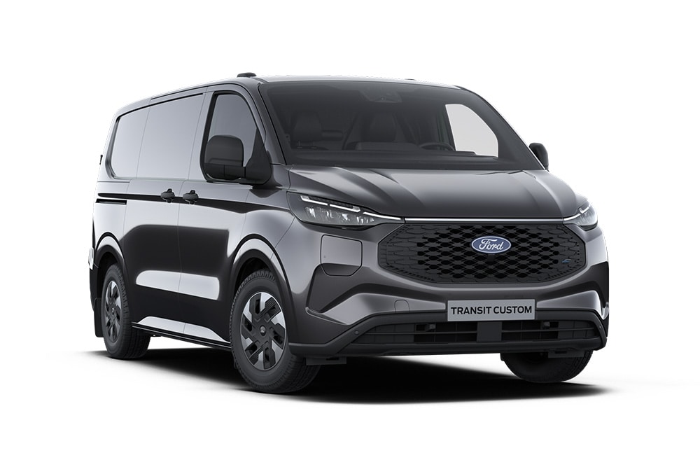 Vista delantera de una furgoneta Ford E-Transit Custom Trend gris oscuro.