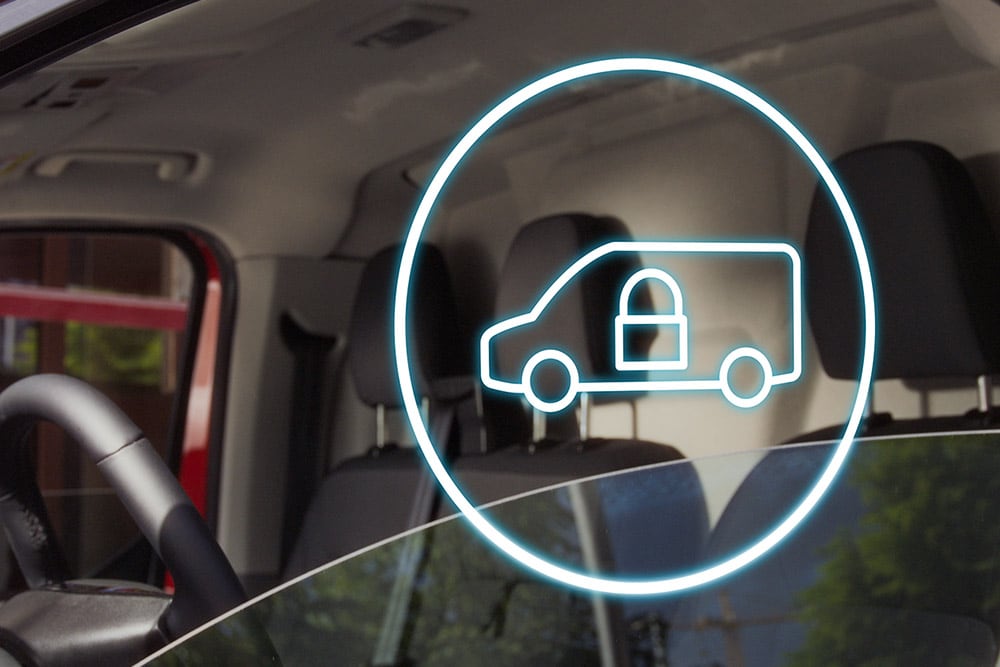 Icono de «furgoneta cerrada» que se muestra en el parabrisas de una Ford E-Transit Custom.