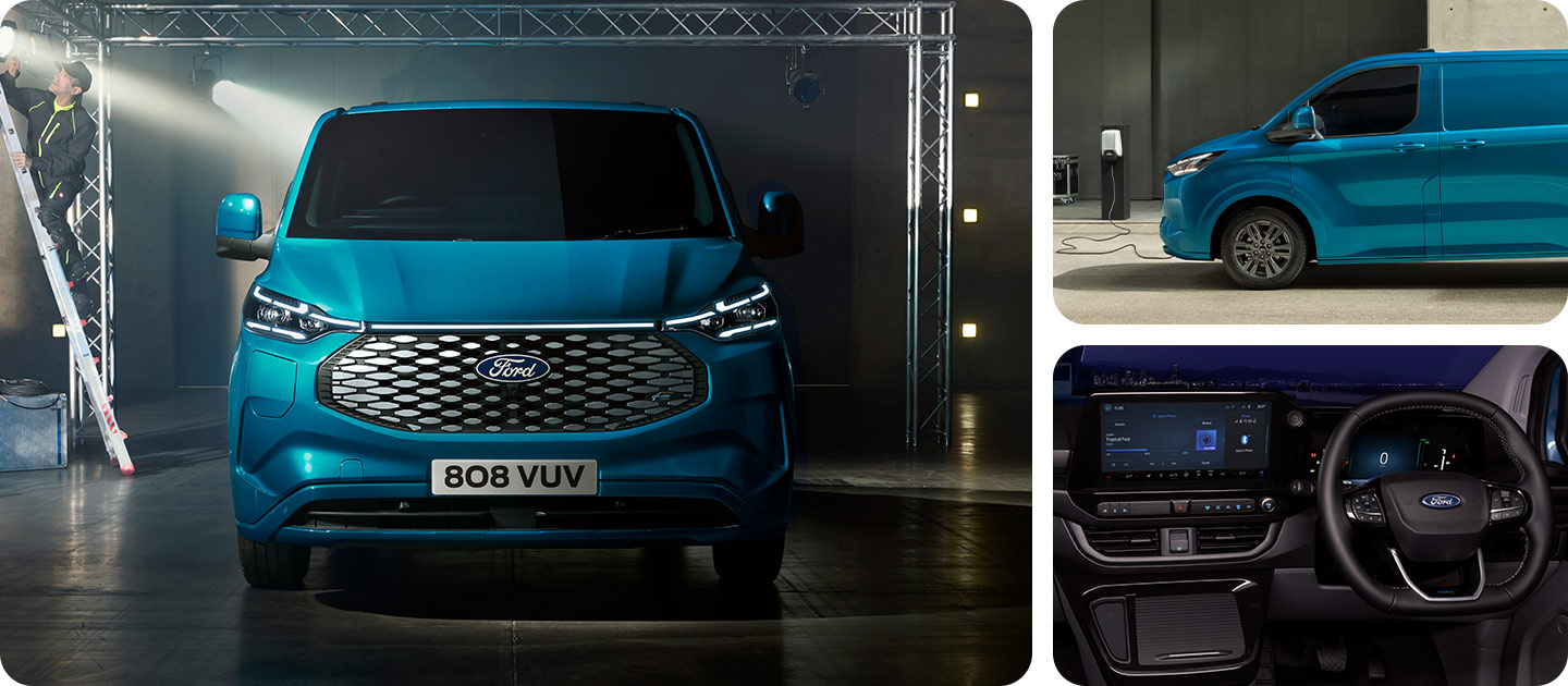 Vista delantera de una furgoneta Ford E-Transit Custom azul.