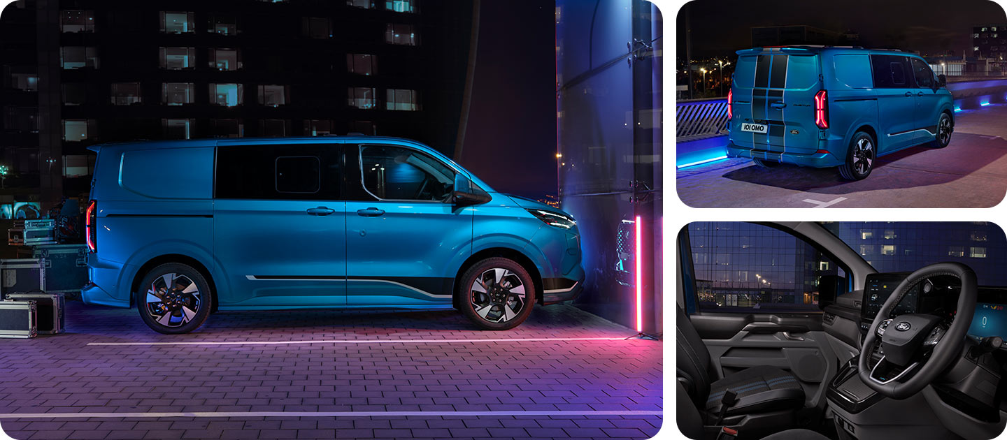 Vista lateral de una furgoneta eléctrica Ford E-Transit Custom con cabina doble azul por la noche.