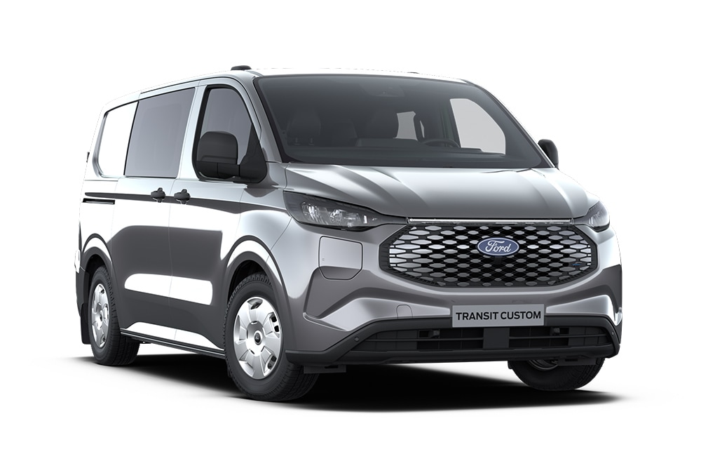 Vista delantera de una furgoneta Ford E-Transit Custom Trend con doble cabina gris oscuro.