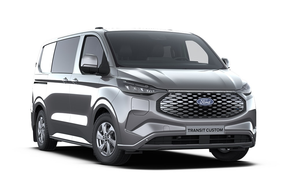 Vista delantera de una furgoneta Ford E-Transit Custom Limited con doble cabina gris oscuro.