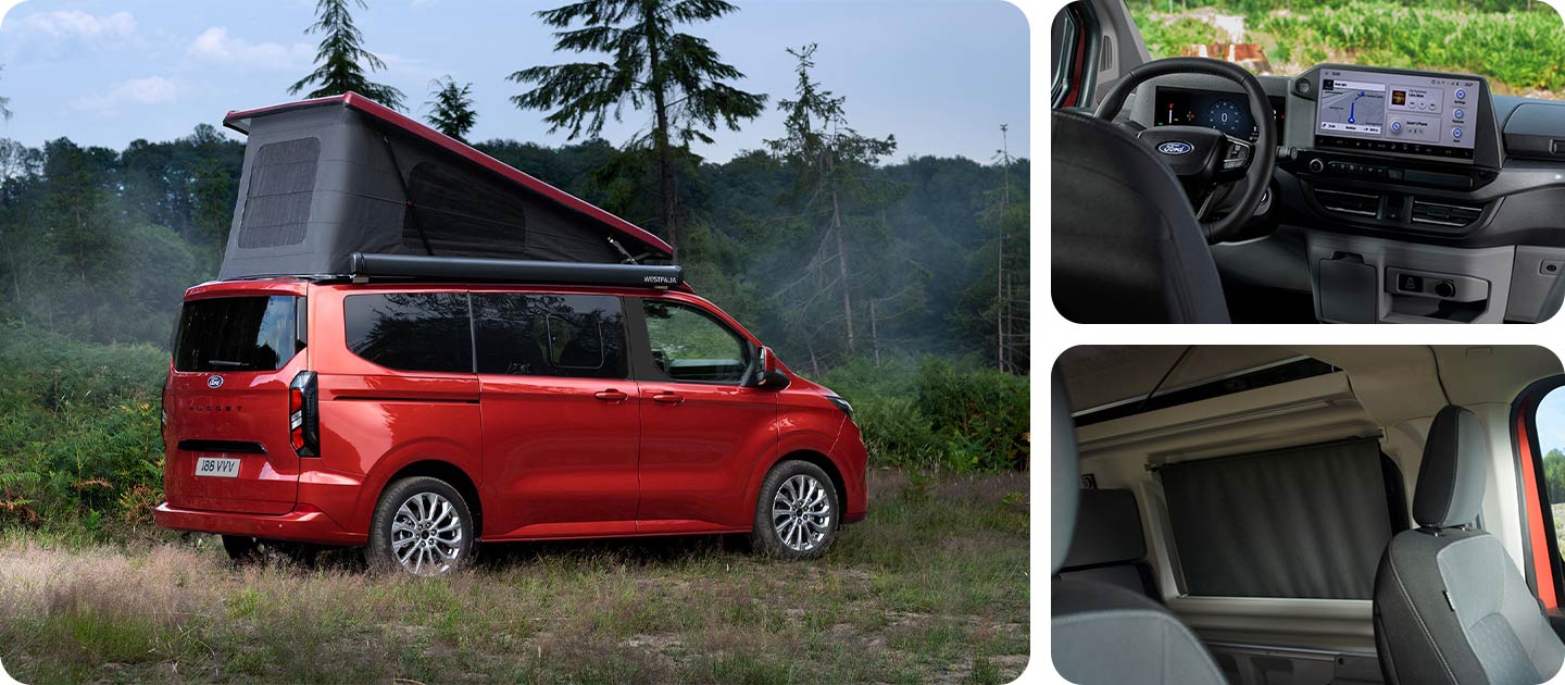 Ford Transit Custom Nugget roja aparcada en un campo de hierba, con el techo con tejido autoplegable inclinado hacia arriba.