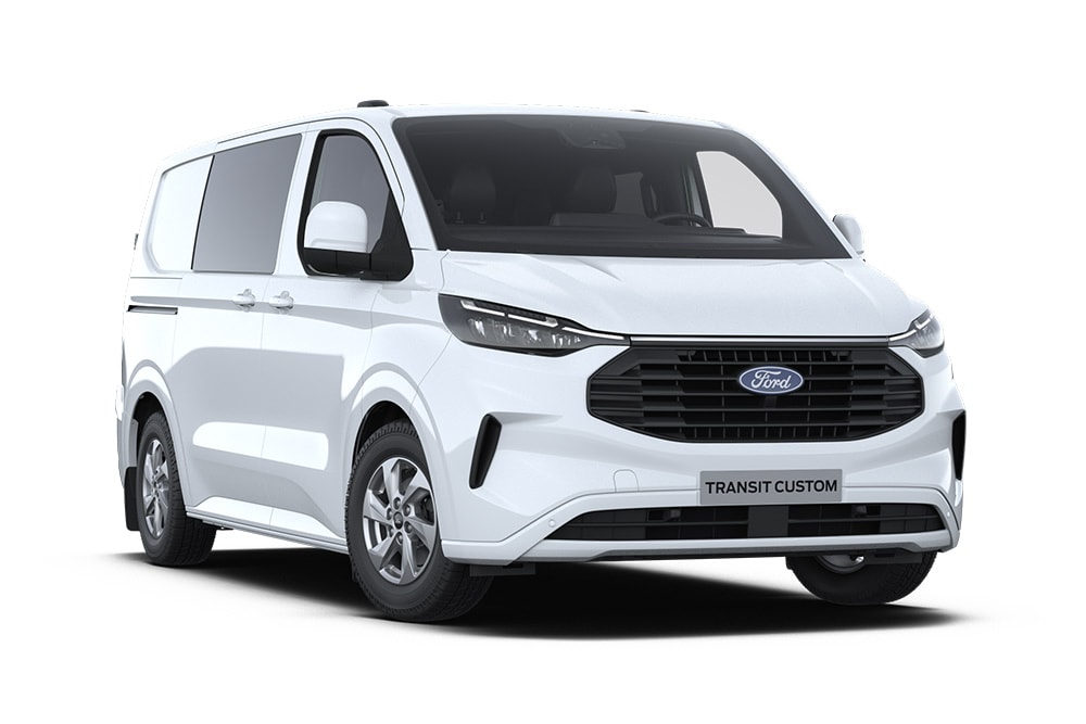 Furgoneta Ford Transit Custom blanca con doble cabina.