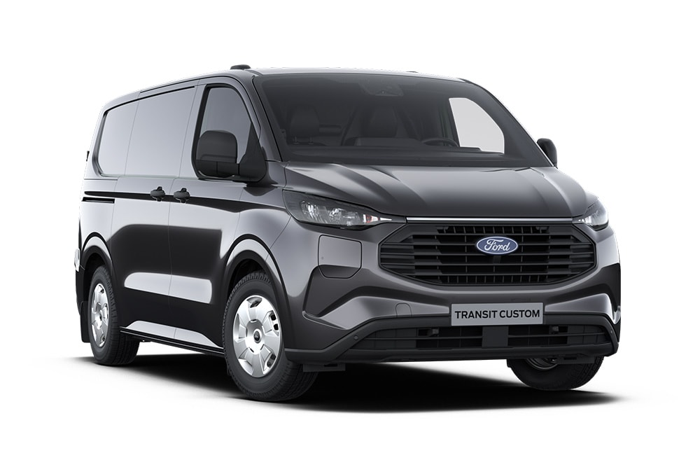 Vista delantera de una furgoneta Trend Ford Transit Custom gris oscuro.