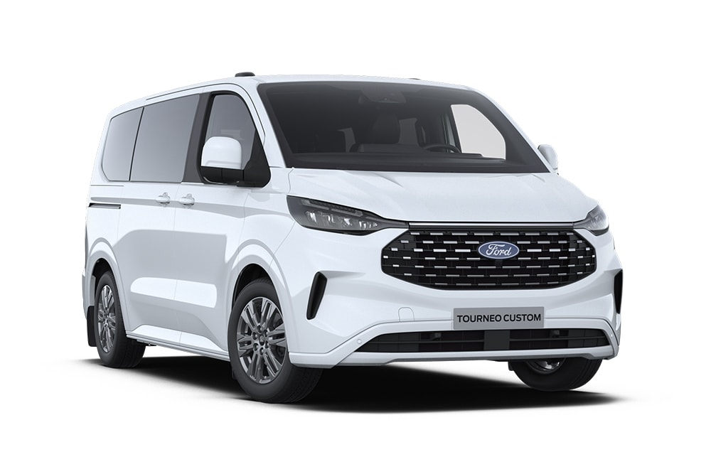 Ángulo de la parte delantera izquierda de un Ford Tourneo Custom Titanium blanco.
