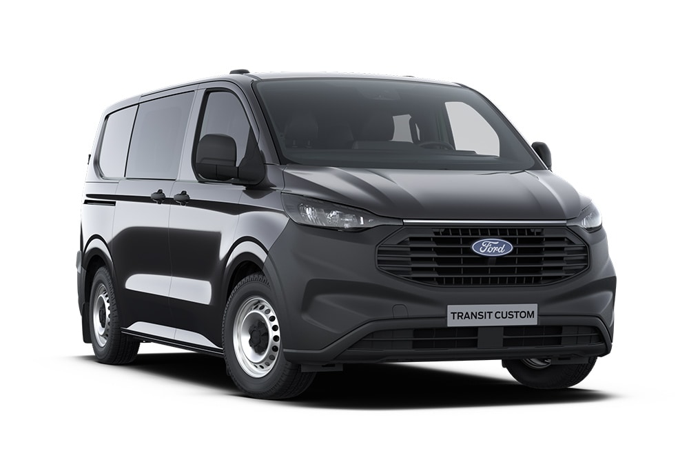 Furgoneta Leader Ford Transit Custom gris oscuro con doble cabina. 
