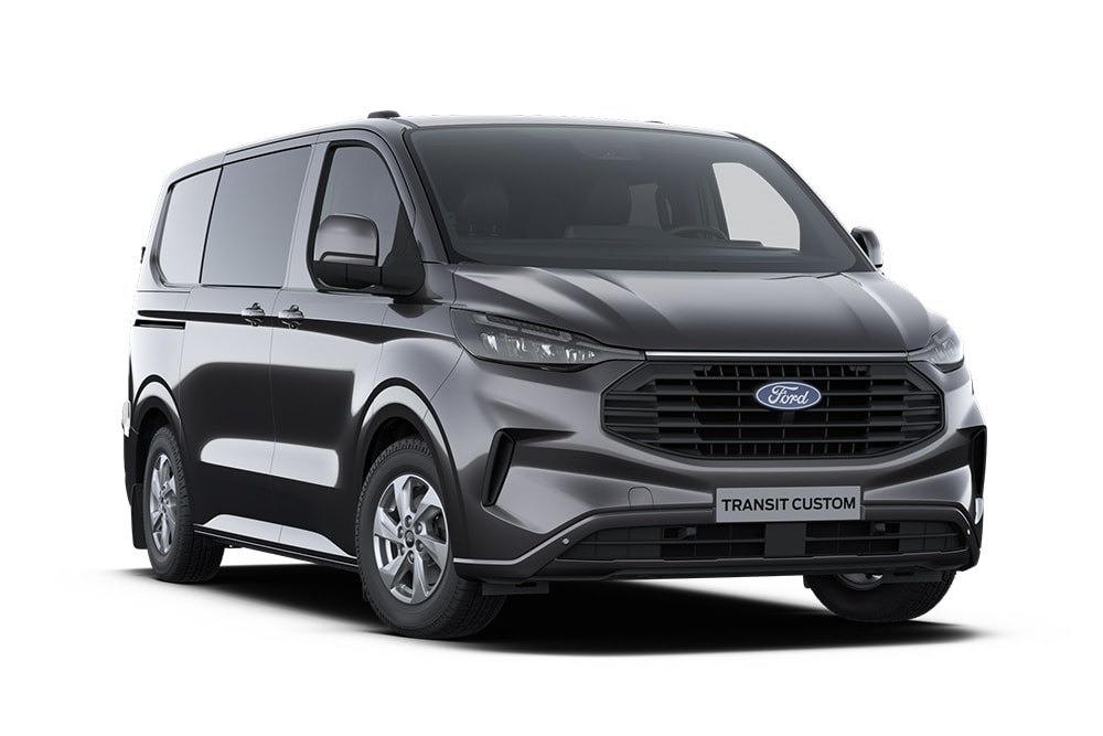 Furgoneta Limited Ford Transit Custom gris oscuro con doble cabina.