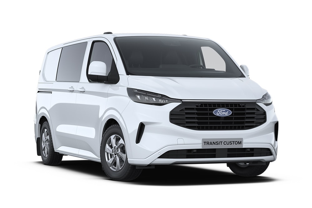 Furgoneta Ford Transit Custom blanca con doble cabina.