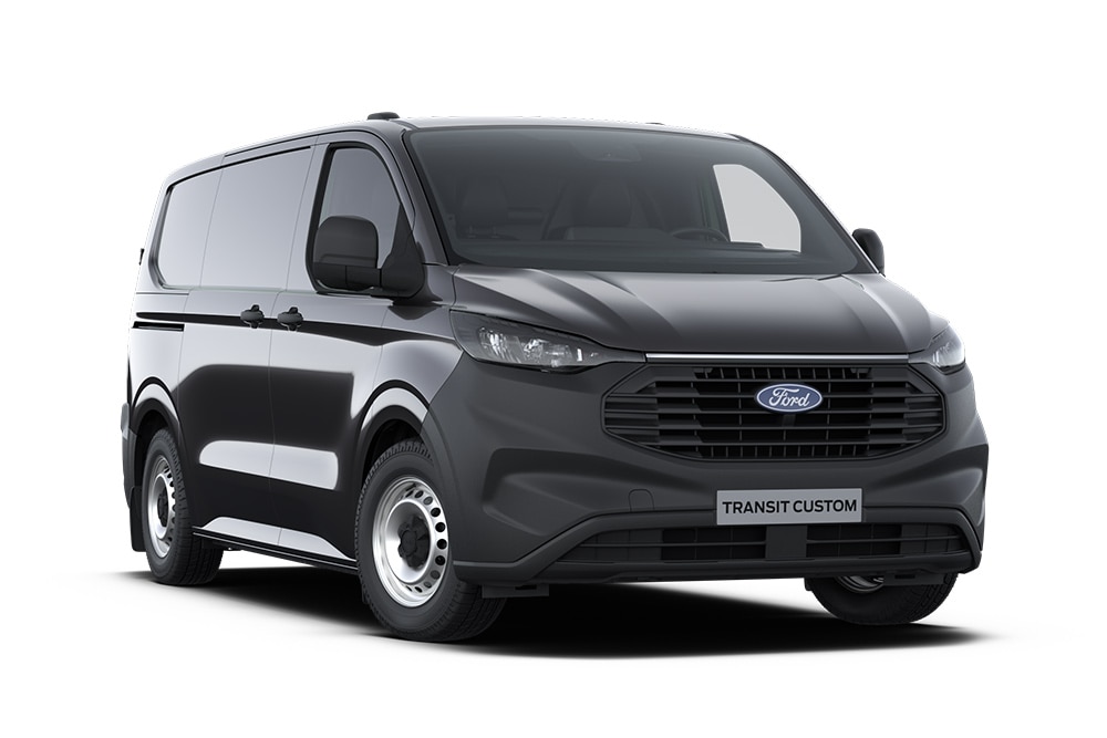 Vista delantera de una furgoneta Ford Transit Custom Leader gris oscuro.