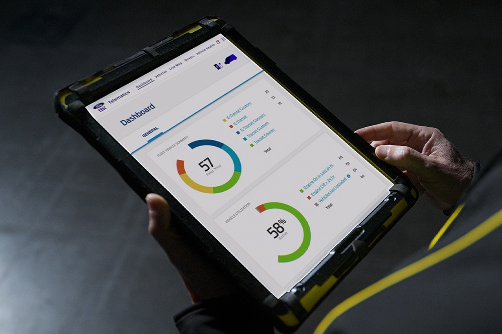 Se ven unas manos sujetando una tableta que muestra el panel de control Ford app Pro con datos de rendimiento del vehículo.