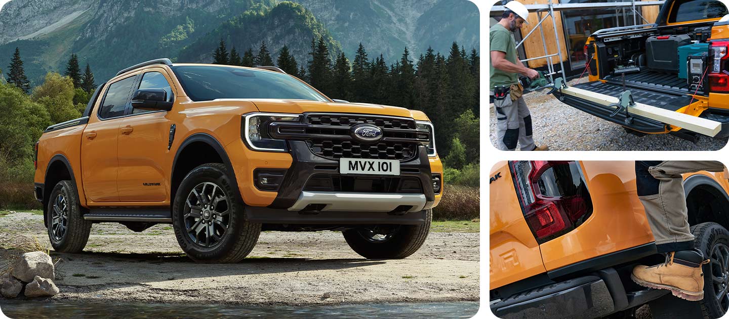 Un Ford Ranger Wildtrak amarillo aparcado en un terreno rocoso con montañas de fondo.