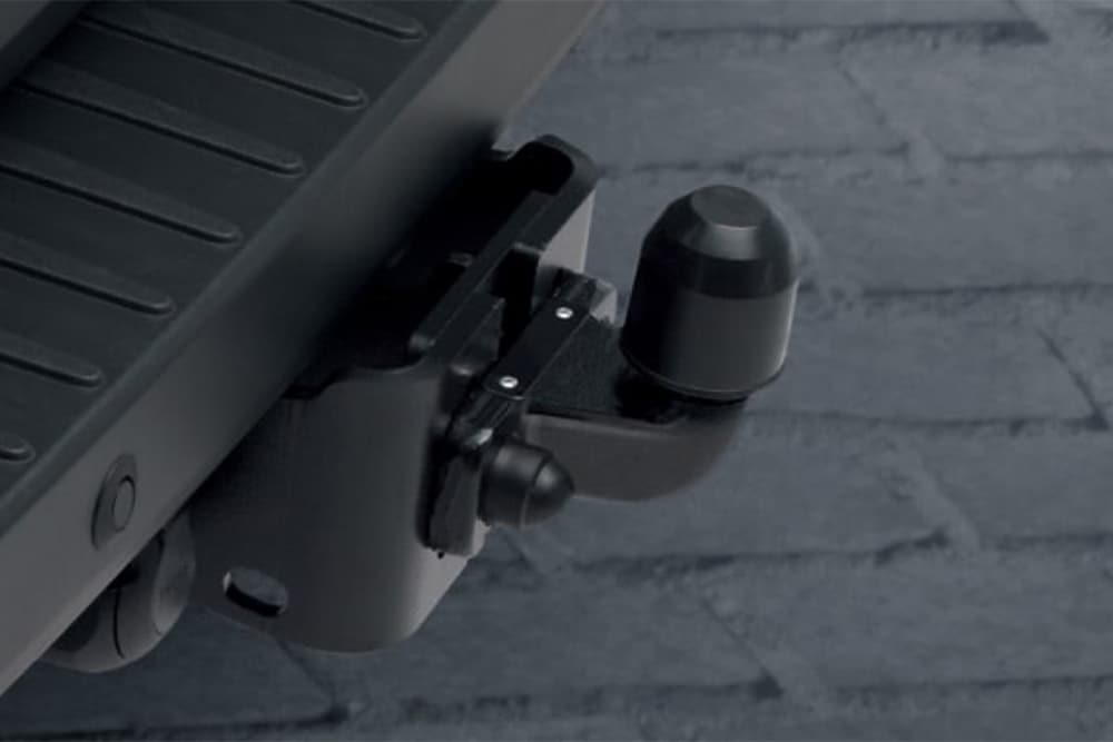 Close up of optional black tow bar at the rear of a Ford Transit Van. 