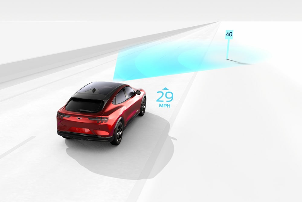 Gráfico que ilustra el sistema de reconocimiento de señales de tráfico de un vehículo Ford.