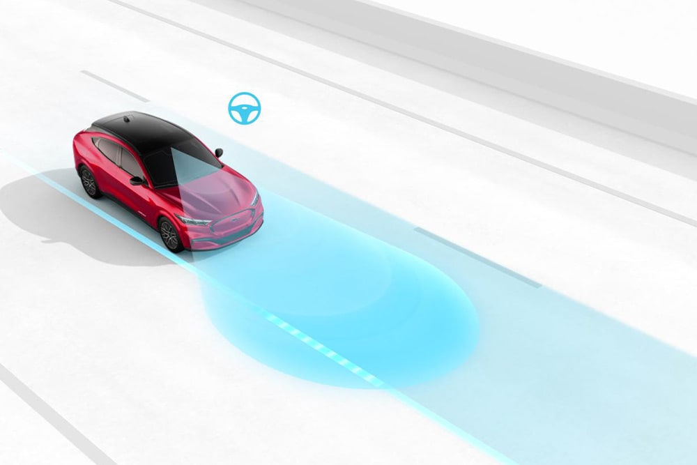 Gráfico que ilustra el sistema de alerta de cambio de carril de un vehículo Ford.