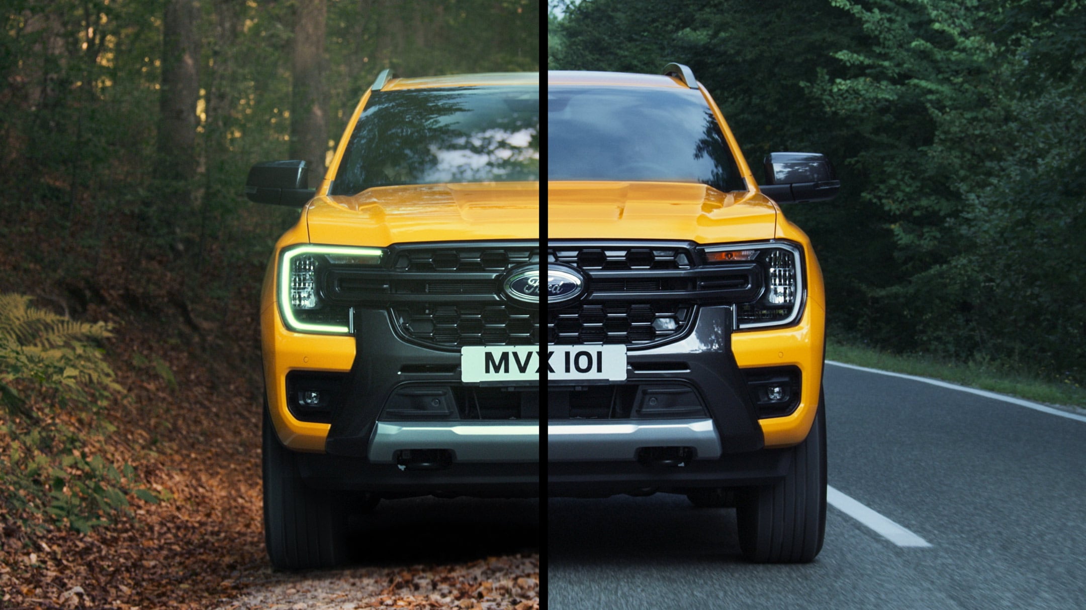 Vista frontal dividida del nuevo Ford Ranger en una carretera pavimentada y en una pista de tierra