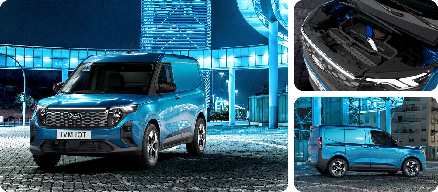 Vista delantera de la Ford E-Transit Courier Azul