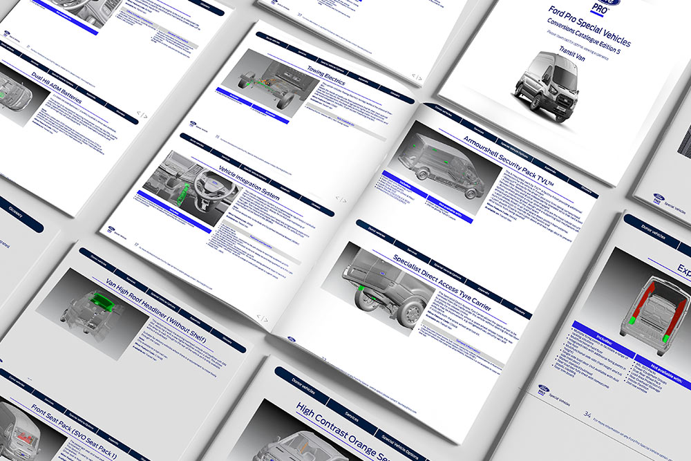  Catálogo de conversiones de Ford Pro abierto en páginas técnicas.